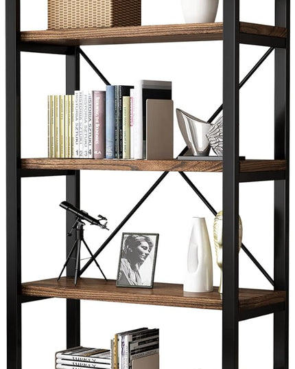 5 Tier Industrial Solid Wood Bookshelf, Open Etagere Bookcase with Metal Frame, Vintage Industrial Style Bookcase/Metal and Wood Bookshelf Furniture (AY01-5tier) - LeafyLoom