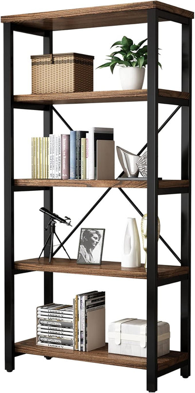 5 Tier Industrial Solid Wood Bookshelf, Open Etagere Bookcase with Metal Frame, Vintage Industrial Style Bookcase/Metal and Wood Bookshelf Furniture (AY01-5tier) - LeafyLoom