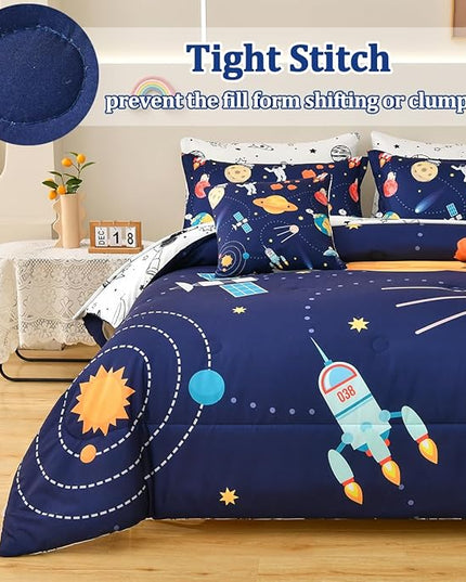 8 Piece Kid Comforter Set Twin Size Bed in a Bag, Space Rocket Bedding Set for Teen Boys Girls - LeafyLoom