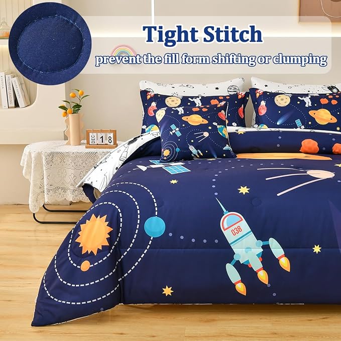 Spaceship Comforter Set Full Size, 8 Piece Bed in a Bag Rocket Space Bedding Sets for Boys Girls Kids - LeafyLoom