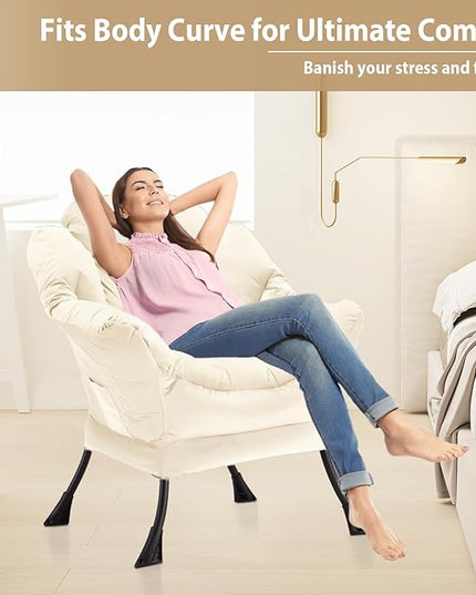 Lazy Chair Thick Padded, Accent Chair Velvet Upholstered with Wide Seat, Stable Metal Frame and Non-Slip Pad, Modern Sofa Armchair with Side Storage Bag for Dorm, Room, Office, Beige - LeafyLoom