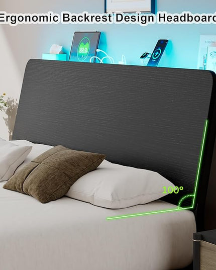 Feonase Queen Size Bed Frame with Ergonomic Storage Headboard & Charging Station, LED Platform Bed Frame, Heavy Duty Metal Slats, No Box Spring Needed, Easy Assembly, Black - LeafyLoom