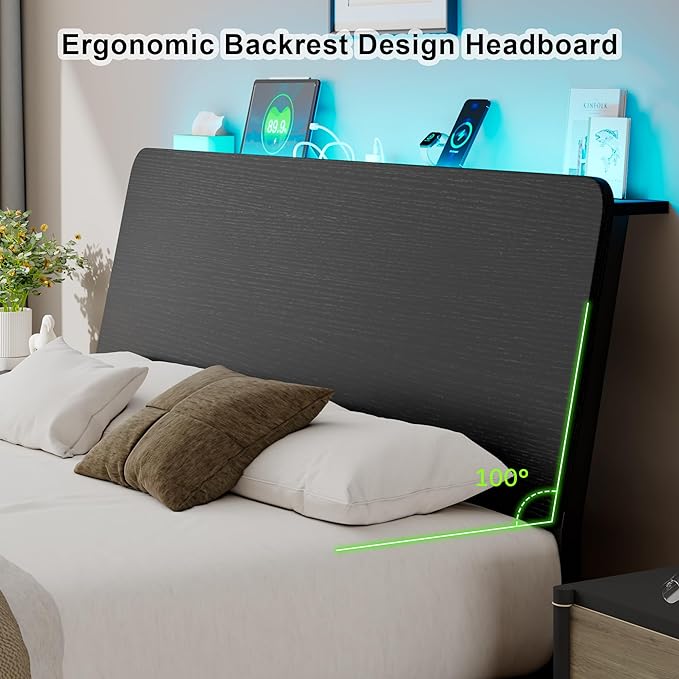 Feonase Full Size Bed Frame with Ergonomic Storage Headboard & Charging Station, LED Platform Bed Frame, Heavy Duty Metal Slats, No Box Spring Needed, Easy Assembly, Black - LeafyLoom