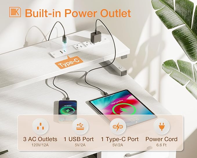 ODK White Computer Desk with Drawers, 48 Inch Office Desk with Power Outlet, PC Desk with Keyboard Tray, Study Table Work Desk with Monitor Shelf, Writing Desk for Home Office, White - LeafyLoom