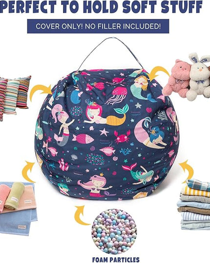Stuffed Animal Storage Bean Bag Chair Cover, Hold Kids Plush Toys Blankets Towels Beanbag (Cover Only), Canvas Floor Circle Stuff Sit Seat Sofa with YKK Zipper, Large 32", - LeafyLoom