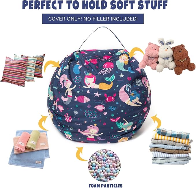 Stuffed Animal Storage Bean Bag Chair Cover, Hold Kids Plush Toys Blankets Towels Beanbag (Cover Only), Canvas Floor Circle Stuff Sit Seat Sofa with YKK Zipper, Large 32", - LeafyLoom