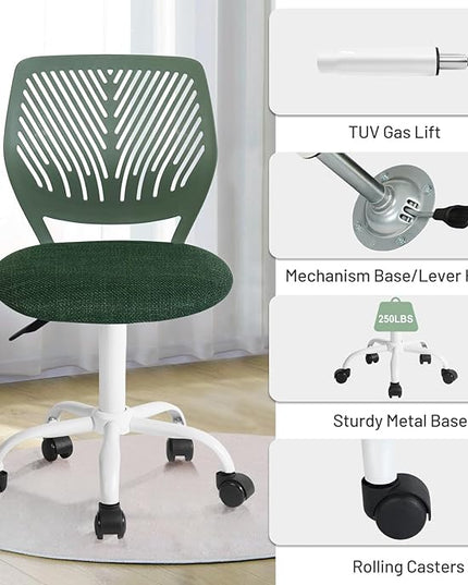 FurnitureR Kids Desk Chair, Home Office Chair Small Armless Cute with Padded Fabric Cushion and Plastic Mid Back Rolling Adjustable Swivel Computer Task Chair for Child Student, Dark Green - LeafyLoom