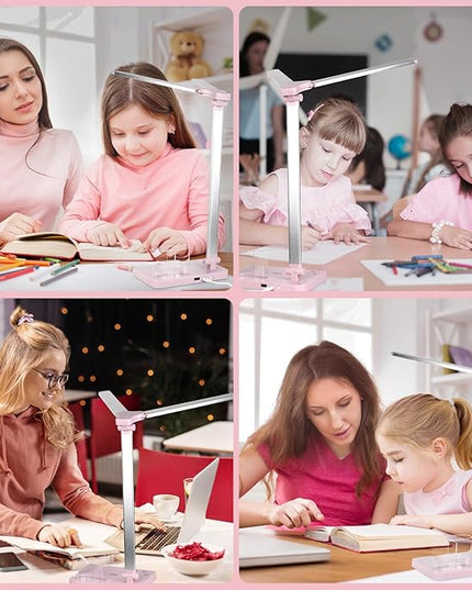 iVict LED Desk Lamp, Adjustable Table Foldable Lamp with USB Charging Port, 25 Lighting Modes, 45-Minute Auto Timer, Dual Swing Arm Desk Light with Pen Holde for Home Office/Study(Pink) - LeafyLoom