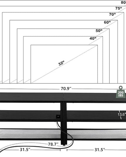 Clikuutory Modern Black 71 inch Metal TV Stand with LED Lights and Power Outlets for 50 60 65 70 75 80 Inch TVs, 3 Tier Television Stands with Entertainment Center and Storage for Living Room, Bedroom - LeafyLoom