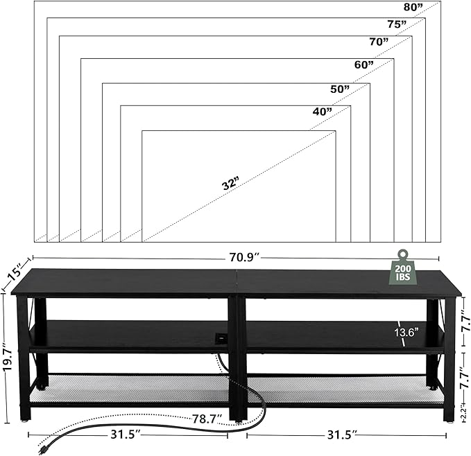 Clikuutory Modern Black 71 inch Metal TV Stand with LED Lights and Power Outlets for 50 60 65 70 75 80 Inch TVs, 3 Tier Television Stands with Entertainment Center and Storage for Living Room, Bedroom - LeafyLoom