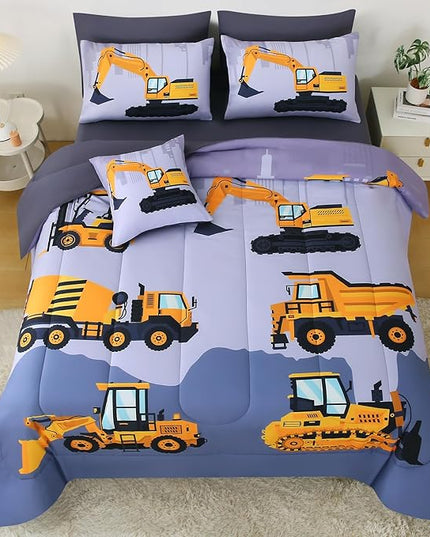 JQinHome Construction Twin Bedding Sets for Boys Kids,6 Piece Bed in A Bag 3D Cartoon Car Excavator Tractor Comforter Set with Sheet Set,Trucks Cars - LeafyLoom