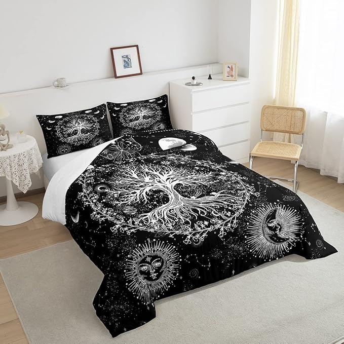 Feelyou Sun and Moon Comforter Bohemian Tree Butterfly Style Bedding Set Psychedelic Hippie Comforter Set for Boys Girls Children Teens Bedroom Decor Galaxy Astrology Duvet Set Queen Size - LeafyLoom