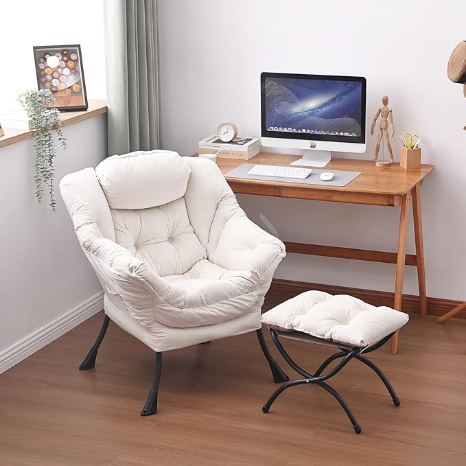 Lazy Chair and Ottoman, Large Accent Lounge Chair with Armrests and a Side Pocket, Modern Leisure Upholstered Sofa Reading Armchair with Footrest for Bedroom, Living Room, Dorm Rooms, Office - LeafyLoom