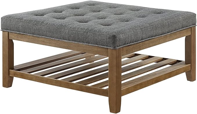 24KF Large Square Upholstered Tufted Linen Ottoman Coffee Table, Large Footrest Ottoman with Solid Wood Shelf-Granite - LeafyLoom