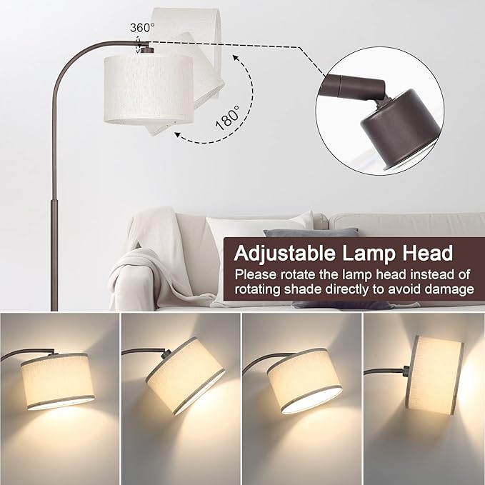 Boncoo Dimmable Floor Lamp, Arc Standing Lamp with Stepless Dimmer, Brown Floor Lamp with Adjustable Linen Beige Shade for Living Room Bedroom Study Room Office, 9W 3000K LED Bulb Included - LeafyLoom