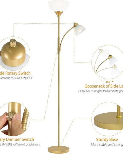 Floor Lamp, Standing lamp, 3 Levels Dimmable Brightness, Included 9W and 5W LED Bulbs, Lamp for Living Room, Bedroom, Office, Reading - LeafyLoom