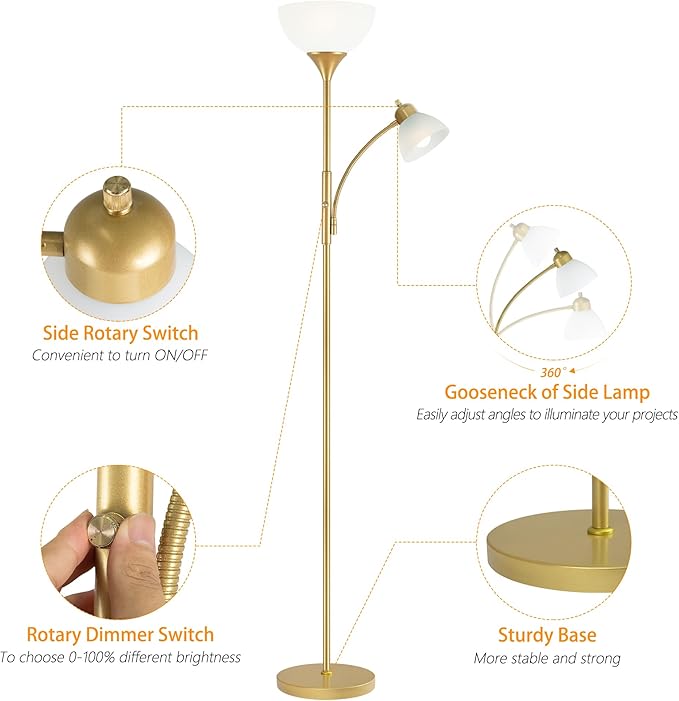 Floor Lamp, Standing lamp, 3 Levels Dimmable Brightness, Included 9W and 5W LED Bulbs, Lamp for Living Room, Bedroom, Office, Reading - LeafyLoom