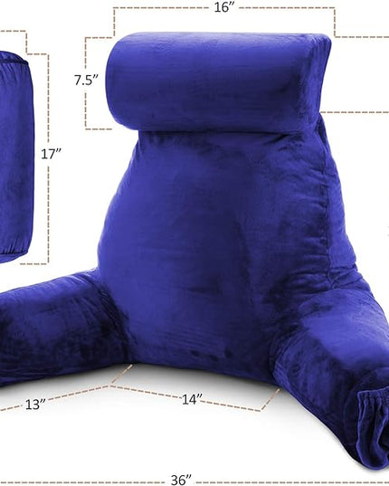 Clara Clark Reading Pillow, Large Back Pillow for Sitting Up in Bed, Memory Foam Back Support Pillow, Reading Pillows for Sitting in Bed Adult, Royal Blue Sit Up Pillow for Bed with Arms and Pockets - LeafyLoom