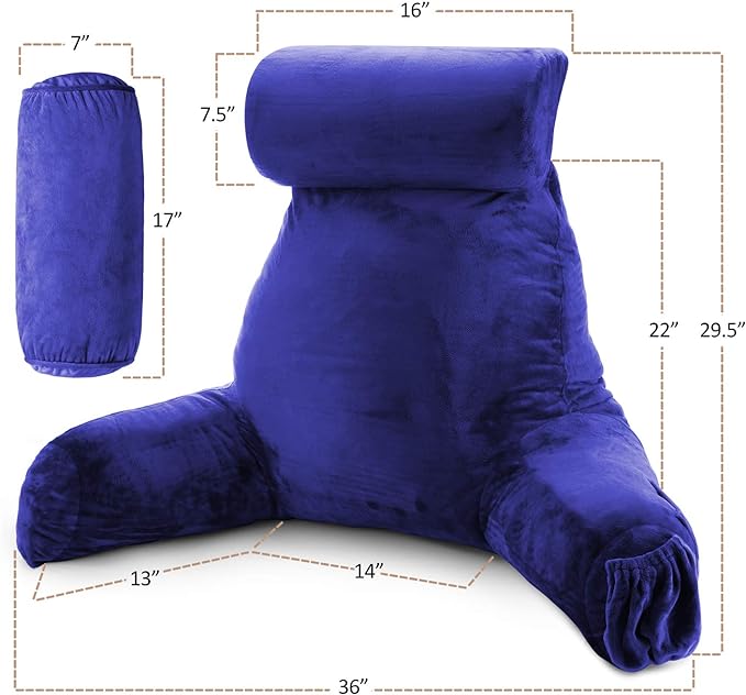Clara Clark Reading Pillow, Large Back Pillow for Sitting Up in Bed, Memory Foam Back Support Pillow, Reading Pillows for Sitting in Bed Adult, Royal Blue Sit Up Pillow for Bed with Arms and Pockets - LeafyLoom