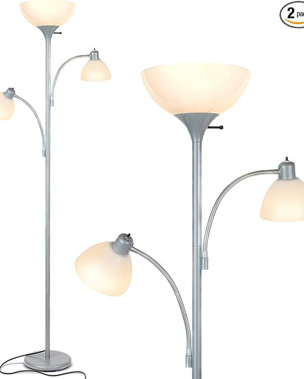 Brightech Sky Dome Double LED Floor lamp, Torchiere Super Bright Floor Lamp with 2 Reading Lamps for Living Rooms & Offices - Dimmable Tall Standing Lamp for Bedroom Reading - Tall Silver Pole - LeafyLoom