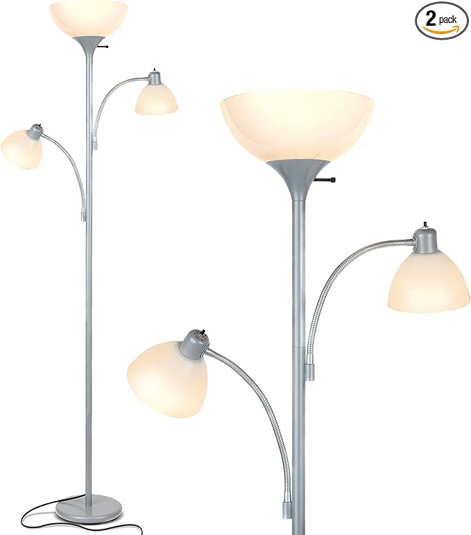 Brightech Sky Dome Double LED Floor lamp, Torchiere Super Bright Floor Lamp with 2 Reading Lamps for Living Rooms & Offices - Dimmable Tall Standing Lamp for Bedroom Reading - Tall Silver Pole - LeafyLoom