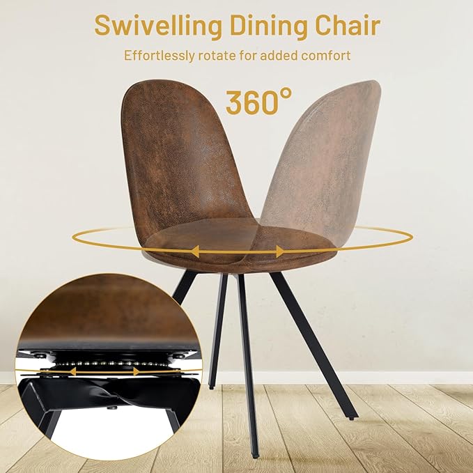 FurnitureR Swivel Dining Chairs Set of 4, Dining Room Chairs Suede Fabric Mid Back Armelss with Padded Rotated Seat Cushion and Metal Legs, Brown - LeafyLoom