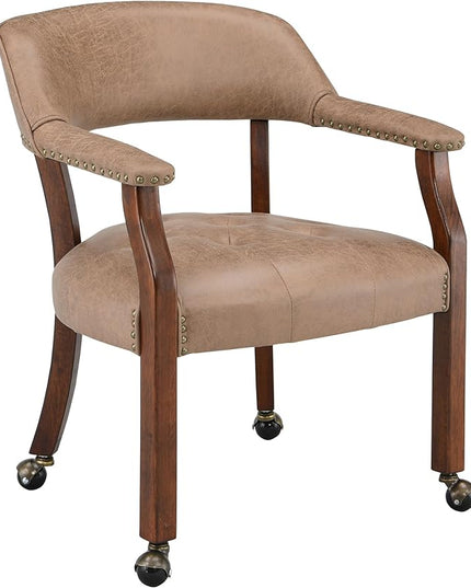 Dining Chairs with Casters and Arms, Rolling Dining Chairs with Wheels, Solid Wood Office Desk Chairs, 26“Dx25.2 Wx31.5“H, Cherry Legs & Yellowish Brown Fabric SY-1533-LT - LeafyLoom