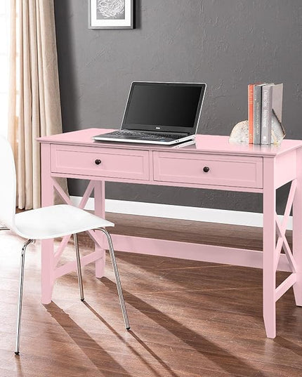 Writing Computer Desk with Drawers, Cute Modern Table for Bedrooms, Pink Vanity Table Office Desk with Drawers, Home Computer Desk for Girls Living Room Entryway, Pink - LeafyLoom