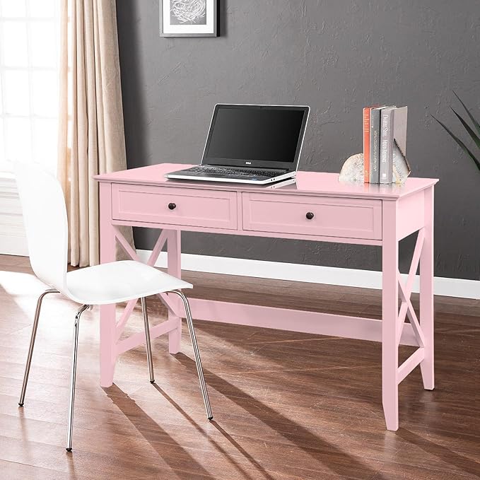 Writing Computer Desk with Drawers, Cute Modern Table for Bedrooms, Pink Vanity Table Office Desk with Drawers, Home Computer Desk for Girls Living Room Entryway, Pink - LeafyLoom