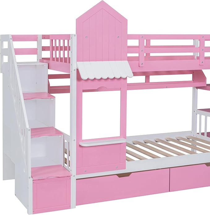 Twin Over Twin Castle Bunk Bed with Slide, Stairs Storage, Drawers and Shelves, Multifunctional Wood Bunkbeds w/Staircase, for Kids/Teens/Boys/Girls Bedroom, Pink - LeafyLoom