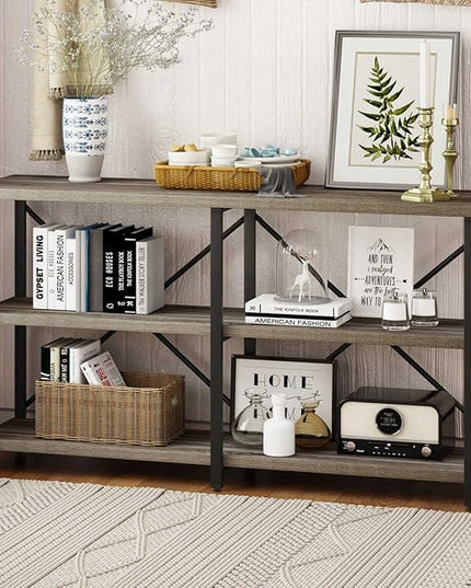BON AUGURE Rustic Console Table Behind Sofa, Industrial Entryway Table with Storage Shelves, 3 Tier Long Bookshelf for Entry (55 Inch, Dark Grey Oak) - LeafyLoom