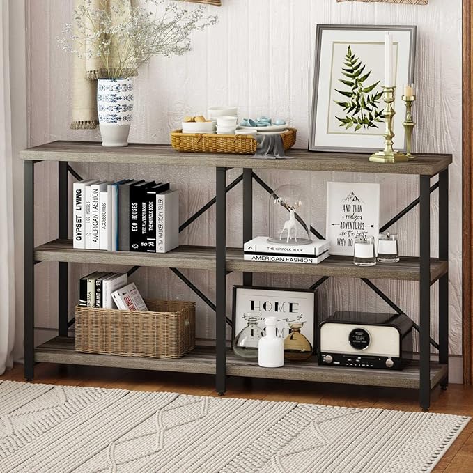 BON AUGURE Rustic Console Table Behind Sofa, Industrial Entryway Table with Storage Shelves, 3 Tier Long Bookshelf for Entry (55 Inch, Dark Grey Oak) - LeafyLoom