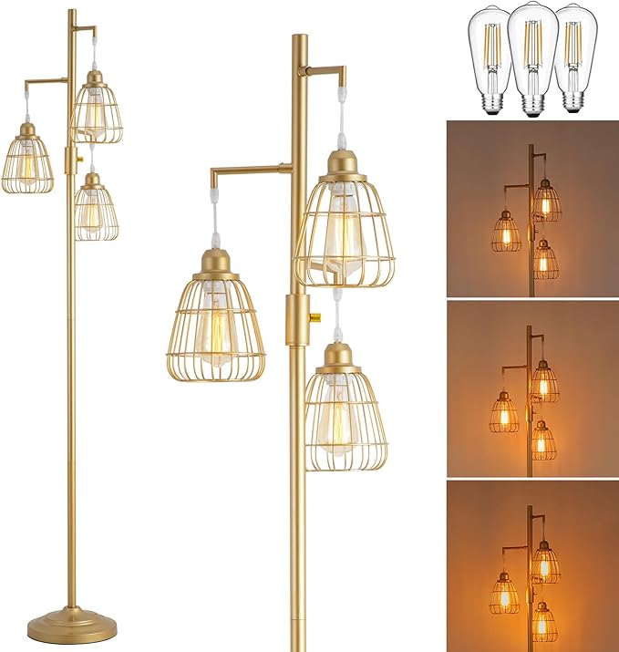 9MMML Golden Dimmable Floor Lamp,Industrial Farmhouse Tall Standing Floor Lamp for Living Room, Bedroom, Corner,Office,Gold 3 Teardrop Cage Lampshade,68”Height,3 LED Bulb Included - LeafyLoom