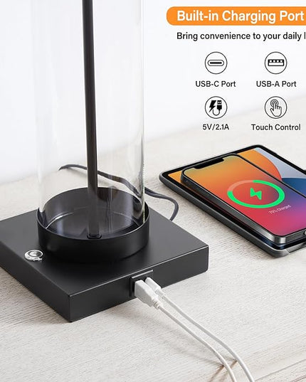 Nightstand Table Lamps for Bedrooms Set of 2 - 3 Way Dimmable Touch Bedside Lamps with USB C+A & Outlets, Black Living Room Lamps with Glass Body for End Tables, Modern Night Stand Lamps for Bedside - LeafyLoom