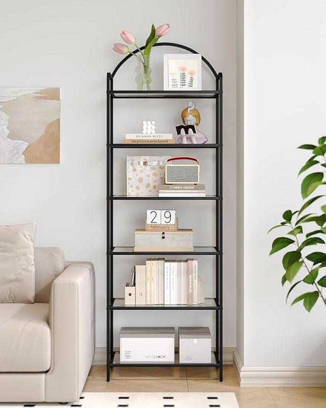 Bookcase Bookshelf, Tempered Glass Bookshelves, Slim Shelving Unit for Bedroom, Bathroom, Home Office, Steel Frame, 6 Tier Black BC21699B - LeafyLoom