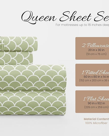 4 Piece Queen Bedding Sheet Set (Sage Scallops) - Sleep Better Than Ever with These Ultra-Soft & Cooling Bed Sheets for Your Queen Size Bed - Deep Pocket Fits 16" Mattress - LeafyLoom