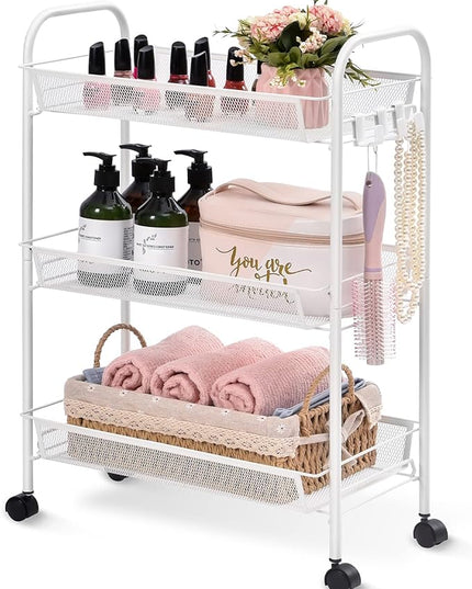 TOOLF 3-Tier Metal Rolling Cart, Mesh Wire Easy Assemble Utility Cart, Storage Trolley on Wheels with 3 Hooks, MetalStorage Shelving Units for Kitchen Bathroom Laundry Room - LeafyLoom