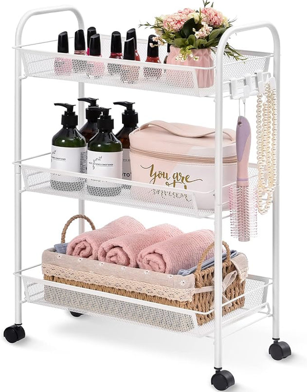 TOOLF 3-Tier Metal Rolling Cart, Mesh Wire Easy Assemble Utility Cart, Storage Trolley on Wheels with 3 Hooks, MetalStorage Shelving Units for Kitchen Bathroom Laundry Room - LeafyLoom
