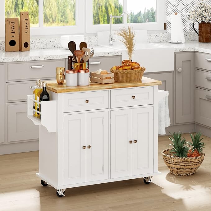 DlandHome Rolling Kitchen Island Cart with Storage and Drawer, Kitchen Island Cart on Wheels, Kitchen Cart Rolling Trolley with Towel Holder and Spice Rack - LeafyLoom