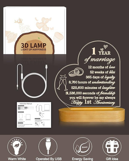 FULLOSUN Anniversary Wedding Gifts for Him/Her, I Love You Night Light 3D Illusion Lamp for Couple Wife Husband Romantic Valentines Wedding Day Present (1st) - LeafyLoom