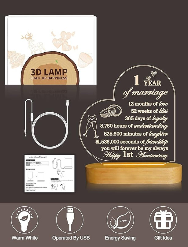 FULLOSUN Anniversary Wedding Gifts for Him/Her, I Love You Night Light 3D Illusion Lamp for Couple Wife Husband Romantic Valentines Wedding Day Present (1st) - LeafyLoom