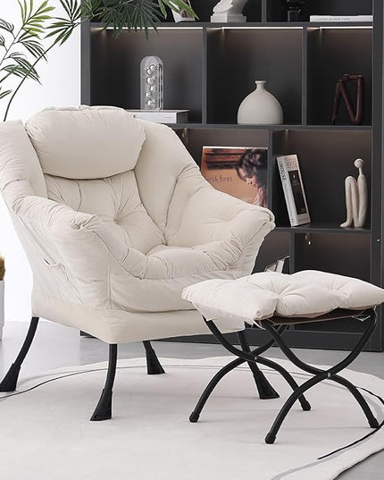 Lazy Chair with Ottoman, Modern Soft Reading Chair Accent Contemporary Lounge Leisure Sofa Chair with Armrests and a Side Pocket for Living Room, Bedroom, Dorm & Office, Beige - LeafyLoom