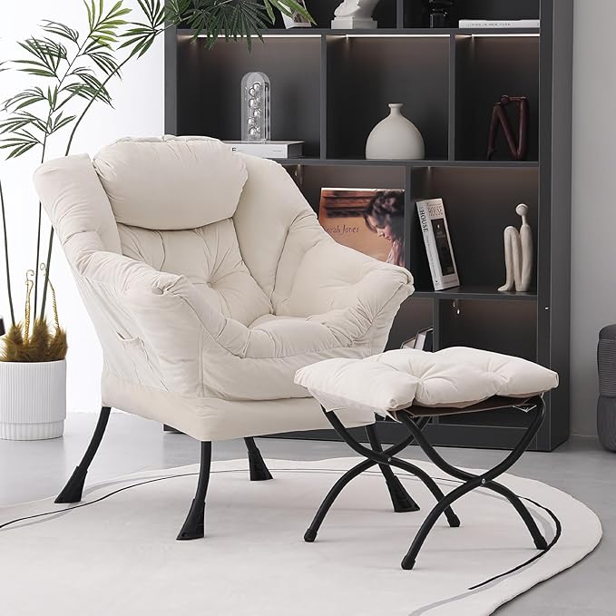 Lazy Chair with Ottoman, Modern Soft Reading Chair Accent Contemporary Lounge Leisure Sofa Chair with Armrests and a Side Pocket for Living Room, Bedroom, Dorm & Office, Beige - LeafyLoom