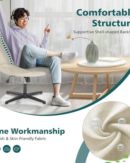 OLIXIS Cross Legged Armless Wide Adjustable Swivel Padded Home Office Desk Chair, Beige - LeafyLoom