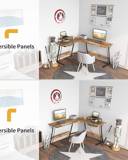 BANTI 59 x 47 inch L-Shaped Desk Computer Corner Desk, Home Office Writing Study Workstation with Small Table, Space Saving, Easy to Assemble, Brown - LeafyLoom