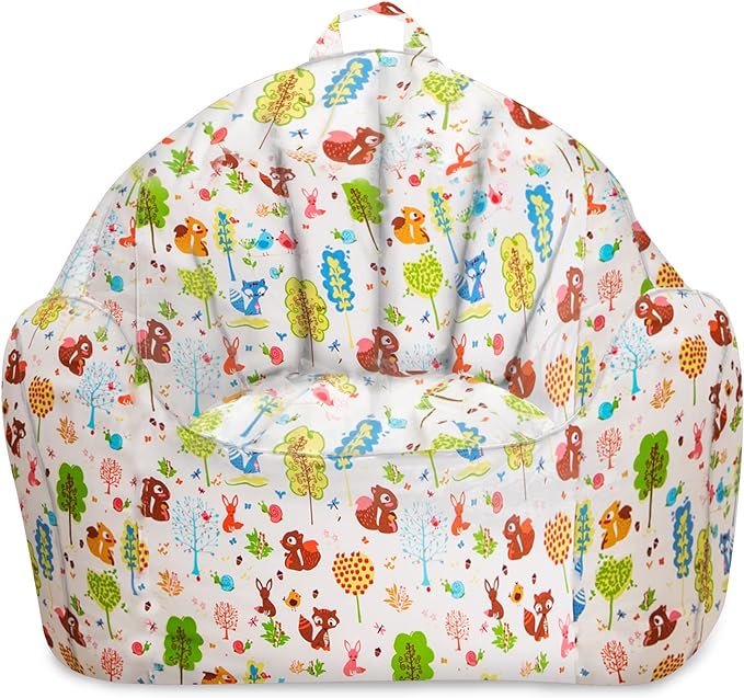 Posh Creations Structured Comfy Bean Bag Chair for Gaming, Reading, and Watching TV, Malibu Lounge, Canvas - Forest Critters on White - LeafyLoom