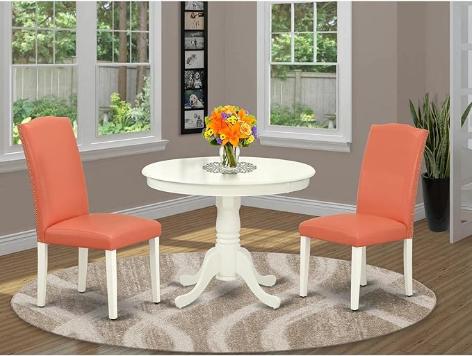 East West Furniture ANEN3-LWH-78 Antique 3 Piece Set Contains a Round Kitchen Table with Pedestal and 2 Pink Flamingo Faux Leather Parson Dining Chairs, 36x36 Inch - LeafyLoom