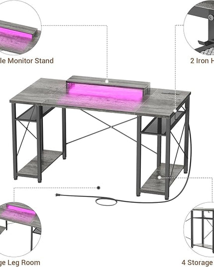 armocity Computer Desk with LED Lights, 55 Inch Desk with Power Outlet and USB, Reversible Large Desk with Moveable Monitor Stand, 55.2'' Gaming PC Table for Home Office, Workstation, Grey - LeafyLoom