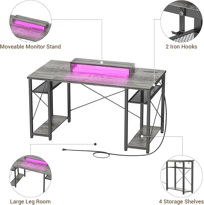 armocity Computer Desk with LED Lights, 55 Inch Desk with Power Outlet and USB, Reversible Large Desk with Moveable Monitor Stand, 55.2'' Gaming PC Table for Home Office, Workstation, Grey - LeafyLoom