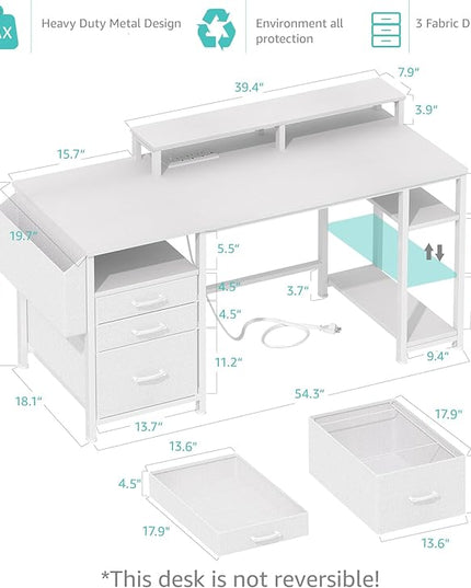 Lufeiya White Computer Desk with File Drawers Cabinet, 55 Inch Home Office Desk with Monitor Stand Shelves, Writing Study Gaming Desks with Led Light Power Outlets for Bedroom, White - LeafyLoom